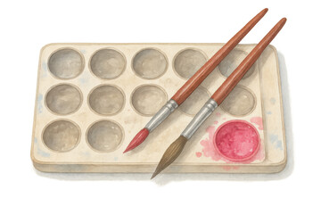 Art supplies including a watercolor paint palette with vibrant red paint and two paintbrushes, ready for art projects