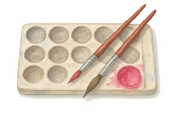 Art supplies including a watercolor paint palette with vibrant red paint and two paintbrushes, ready for art projects