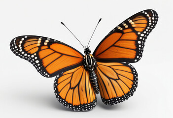 Fototapeta premium Monarch butterfly with open wings, a top view on white background, macro photography