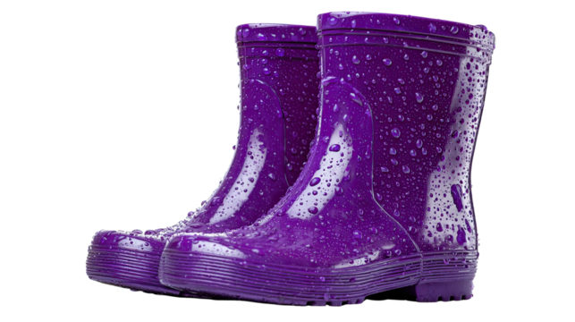 Stylish purple rubber boots with raindrops on surface showcasing waterproof fashion footwear for rainy weather isolated on white background
