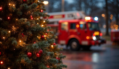 Festive Christmas tree on fire department background