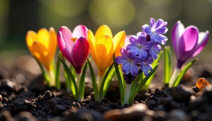 Close-up of colorful hyacinths and crocuses emerging from the earth, outdoor, soil