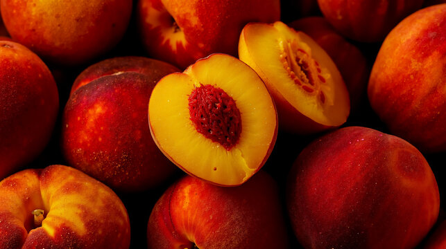 A close-up photograph of ripe peaches with their vibrant red and yellow hues showcasing the juicy interior and the contrasting colors of the fruit's skin - Powered by Adobe