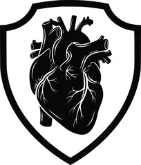 Black and White Vector Icon of Anatomical Heart Enclosed in Shield Representing Cardiovascular Protection and Medical Care
