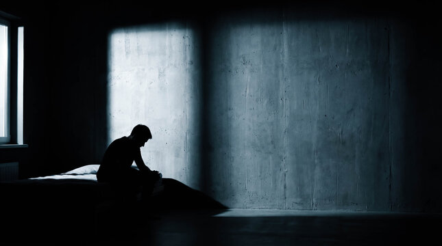 Depressed man sitting on bed edge silhouette shadow wall copy space insomnia nightmare mental health concept dark room night loneliness sadness male person thinking awake problem stress disorder 