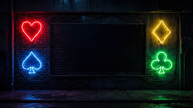 Neon playing card suits symbols hearts spades diamonds clubs background copy space glowing lights casino gambling abstract wall design decoration betting concept dark texture banner promotion art - Powered by Adobe