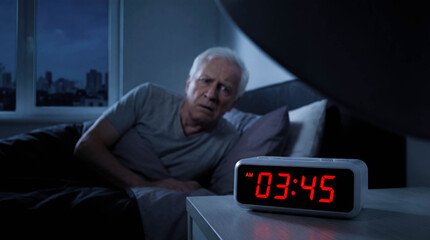 Digital clock showing 03:45 am senior man insomnia background copy space elderly sleepless person health problem night waiting anxiety age related sleep disorder bedroom dark atmosphere concept