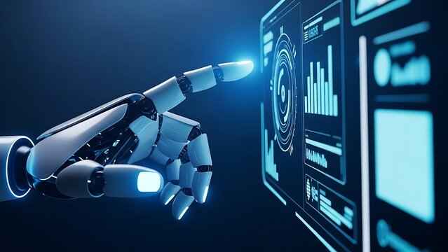 Advanced Robotic Hand Interacting With A Futuristic Digital Interface Displaying Complex Data Visualizations And Innovative Technological Metrics On A Sleek Dark Blue Background