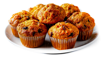 A white plate holds six muffins with a golden-brown crust and dark chocolate chips