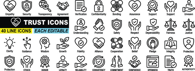 Minimalist trust line icon set with editable stroke, featuring security, faith, support,agreement, safety ,promise, honesty. thin linear vector illustration.