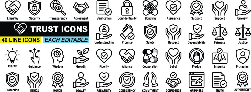Minimalist trust line icon set with editable stroke, featuring security, faith, support,agreement, safety ,promise, honesty. thin linear vector illustration.