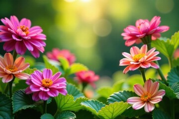 Colorful flowers and leaves in a bright garden , colorful flowers, colorful foliage, garden