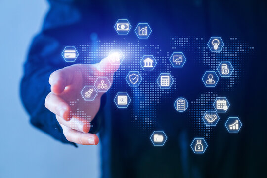 Digital interaction with global financial icons in a business setting