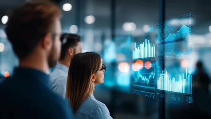 Focused business team examines advanced analytics on transparent digital screens, utilizing real time data visualization. Innovative workspace fosters collaboration and data driven insights - Powered by Adobe
