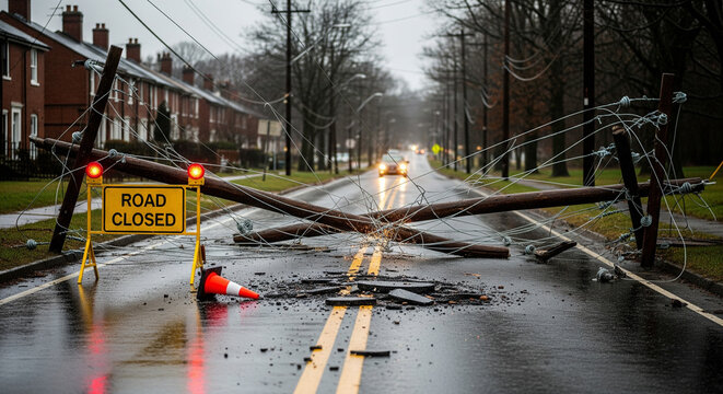 Dangerous Fallen Power Line Lying Across a Road After a Storm.