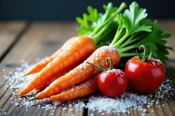 Crisp winter vegetables dusted with snow on aged wood, texture, rustic, closeup
