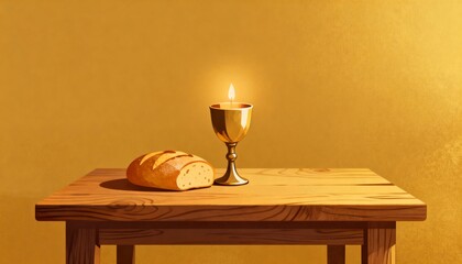 Candle, bread, and chalice with wine on a table, symbolic Christian religious scene, representing Eucharist and faith, perfect for Christian, religious, inspirational