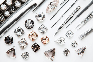 Generative AI closeup of luxury jewelry with gemstone and scattered diamonds in workshop light environment