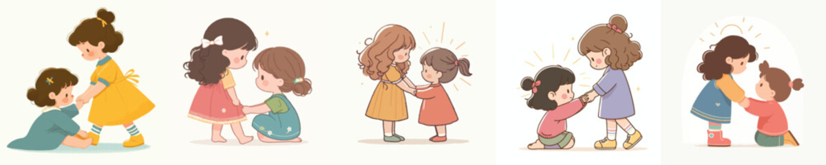 vector little girl helping her friend get up