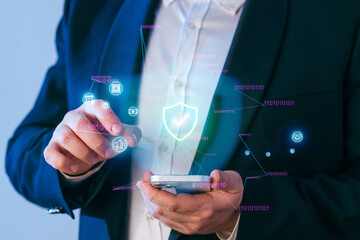 Person in business suit using smartphone to access digital security features with icons displayed