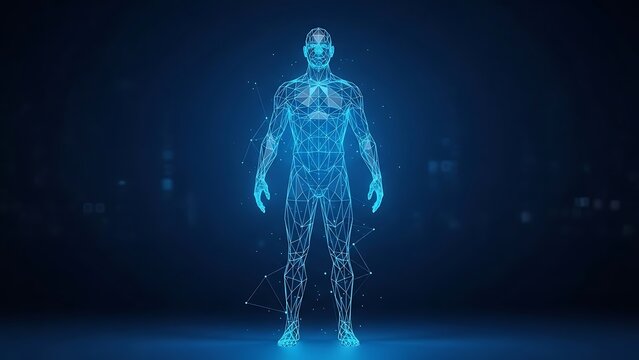 Innovative Blue Wireframe Representation of a Human Form Symbolizing Advanced Medical Diagnostics Data Analysis and the Convergence of Biotechnology and Digital Systems