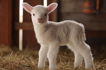 Obraz premium Adorable white lamb with fluffy coat standing indoors