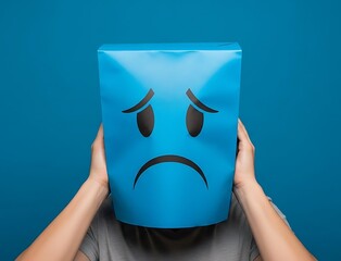 Sadness concept person with box over head blue art