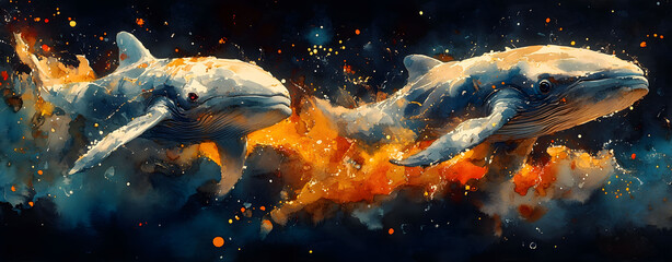 Watercolor depiction of celestial whale and shark swimming through a cosmic sea, vibrant art
