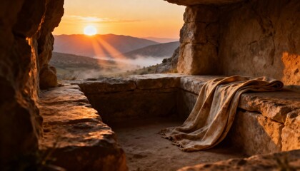 Empty tomb of Jesus at sunrise, symbolic resurrection scene, serene and spiritual atmosphere, perfect for Christian, religious, Easter, inspirational, and biblical photography or artwork.
