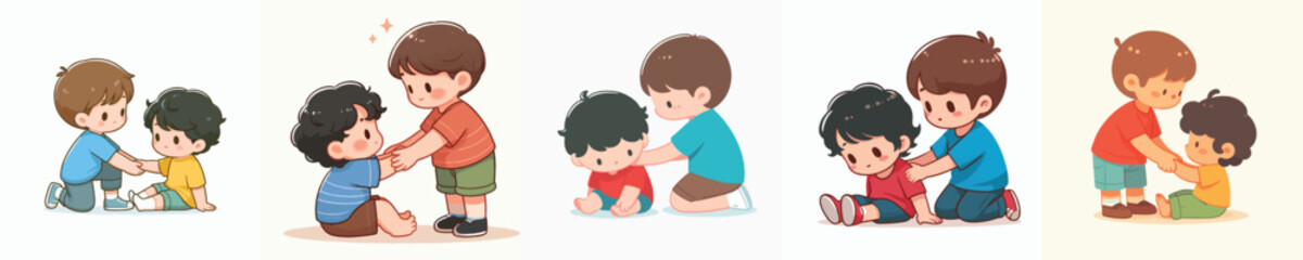 vector little boy helping his friend get up