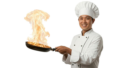 Smiling Asian chef skillfully tossing flaming food in a pan, creating a culinary spectacle, perfect for restaurant promotions and food blog content creation