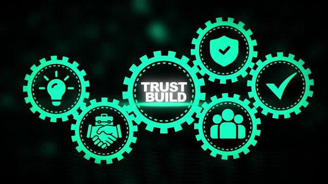 Teal Gears with " TRUSTBUILD" Icons for Idea, Partnership, Security, and Teamwork trust build