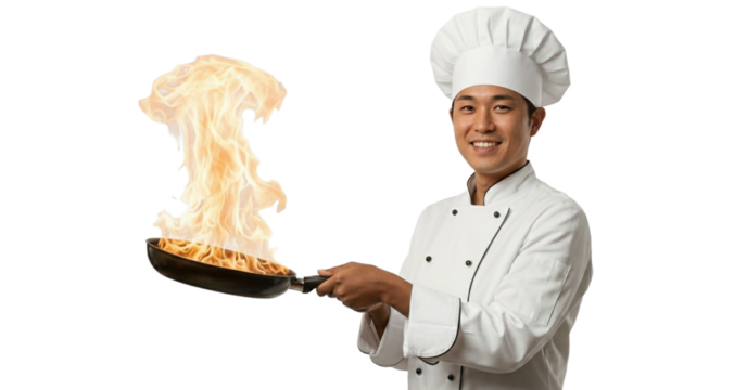 Smiling Asian chef skillfully tossing flaming food in a pan, creating a culinary spectacle, perfect for restaurant promotions and food blog content creation