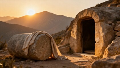 Empty tomb of Jesus at sunrise, symbolic resurrection scene, serene and spiritual atmosphere, perfect for Christian, religious, Easter, inspirational, and biblical photography or artwork.
