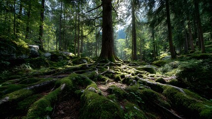 Fototapeta premium Massive tree roots spread over the enchanted forest floor where dappled sunlight filters through the canopy onto soft mossy textures.