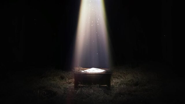 A large star announcing the birth of baby Jesus illuminates Jesus in a manger, Christmas and New Year background.
