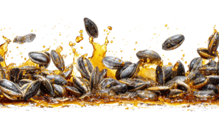 Sunflower seeds in thick splashes of oil capturing rich texture and natural food concept isolated on white background for culinary use
