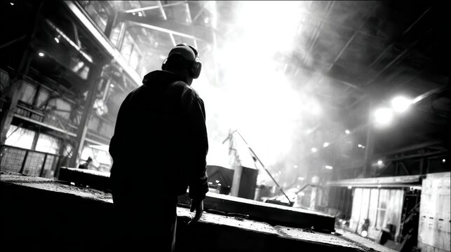 Back view of logistics worker wearing earmuffs in factory