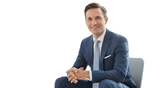 Confident corporate professional businessman in suit sitting portrait smiling at camera. isolated PNG with Transparent Background