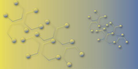 "Abstract yellow blue gradient background with 3D circular nodes and geometric connecting lines, modern tech network design perfect for digital graphics, presentations, covers and futuristic layouts."