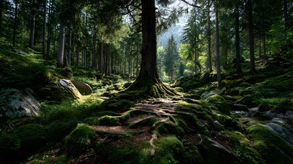 Fototapeta premium Massive tree roots spread over the enchanted forest floor where dappled sunlight filters through the canopy onto soft mossy textures.