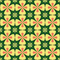 seamless pattern with green leaves,pink, yellow curves ,painted create to flowershape, leaves, green background in geometric patterns as sarong,fabric,tile,printed fabric,batik,tablecloth patterns.