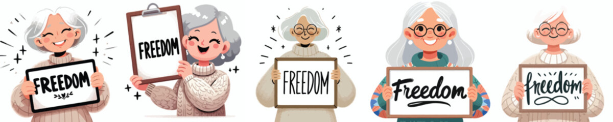 vector of a grandmother holding a sign that says "Freedom"