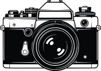 Black and White Vector Icon of Vintage Film Camera with Lens and Dials Representing Classic Photography
