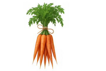 Bunch of fresh organic carrots with green tops tied with twine, symbolizing healthy food and vegetarian diet