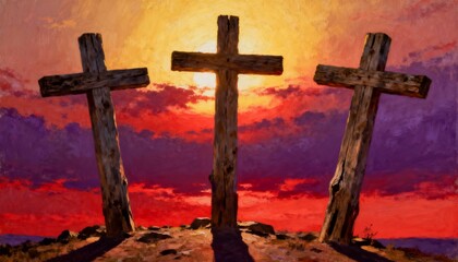 Three crosses on Golgotha hill, biblical and symbolic scene, solemn and spiritual atmosphere, perfect for Christian, religious, inspirational, and Easter or devotional photography or artwork.
