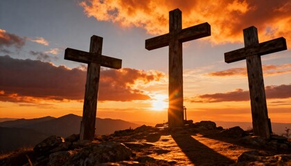 Three crosses on Golgotha hill, biblical and symbolic scene, solemn and spiritual atmosphere, perfect for Christian, religious, inspirational, and Easter or devotional photography or artwork.
