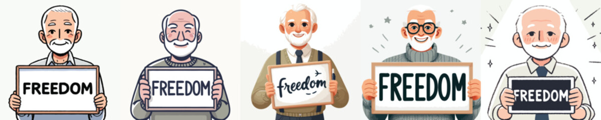 vector of a grandfather holding a sign that says "Freedom"