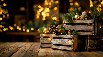 A wooden crate filled with pine cones and a gold ornament sitting on a wooden table with a blurred background of lights
