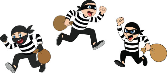 Cartoon thief characters running with money bags, funny burglar illustration set, animated robber figures in action poses for comic and design use